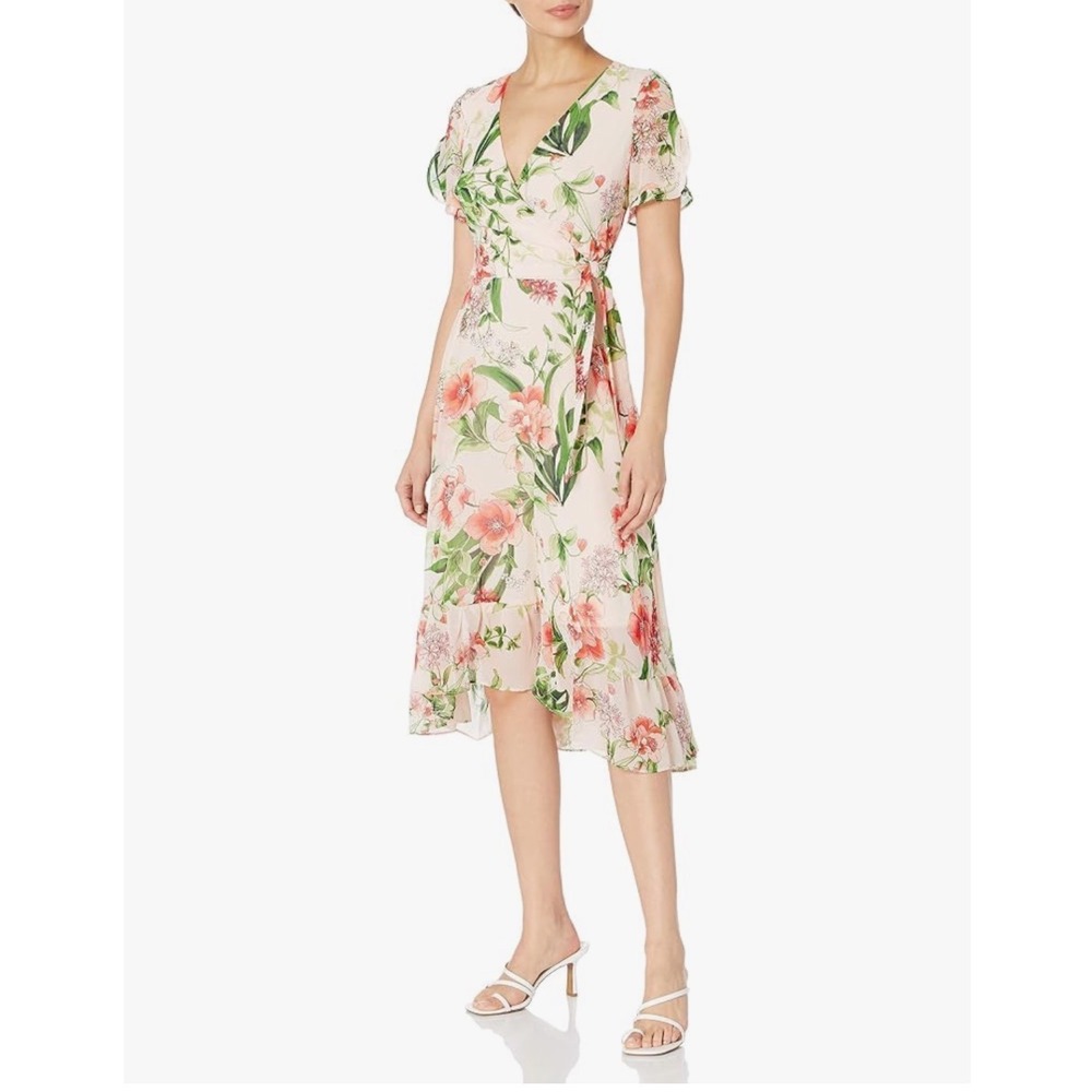 Karl Lagerfeld Paris Floral Chiffon Wrap Midi WG Dress Pink Orange Green NWT